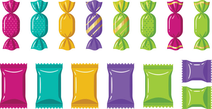 Colorful Wrapped Candy and Sweet Packaging Collection with Hard Candies, Confectionery Wrappers, Snack Packs, and Assorted Candy Designs