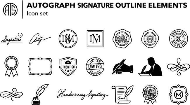 Autograph Signature Outline Design Elements Signature Line Flourish Swoosh Monogram Frames Wax Seal Notary Official Stamp Ribbon Certificate Authenticity Badge Limited Edition 20 Icons Editable Stroke