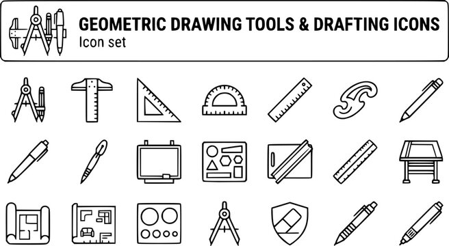 Geometric Drawing Tools Drafting Outline Icon Set Compass T-Square Set Square Protractor Ruler French Curve Drafting Pencil Technical Pen Drawing Board Blueprint Scale Ruler 20 Icons Editable Strokes