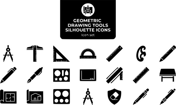 Geometric Drawing Tools Silhouette Icon Set Compass T-Square Set Square Protractor Ruler French Curve Drafting Pencil Technical Pen Drawing Board Blueprint Scale Architectural 20 Icons Editable Stroke