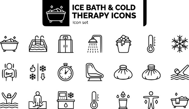 Ice Bath Cold Therapy Outline Icon Set Ice Bath Tub Cold Plunge Pool Cryotherapy Chamber Cold Shower Ice Bucket Thermometer Snowflake Shiver Contrast Therapy Recovery Pod 20 Icons Editable Strokes 