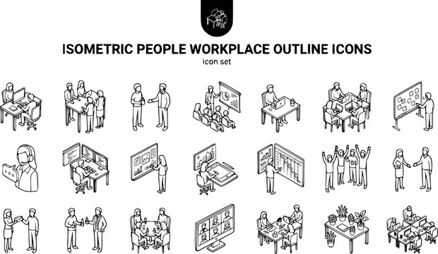 Isometric People Workplace Outline Icon Set Desk Worker Meeting Coffee Conversation Presentation Remote Collaboration Brainstorm Customer Service Developer Designer Analyst 20 Icons Editable Strokes 