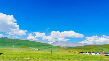 Fototapeta premium Picturesque green alpine meadow with traditional Mongolian yurts and distant snow-capped mountains under a fluffy cloudy blue sky