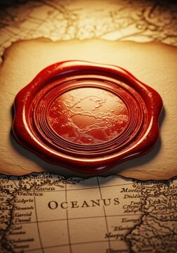 Vintage Red Wax Seal on Aged Parchment Paper Over an Ancient World Map for Historical Exploration Concept
