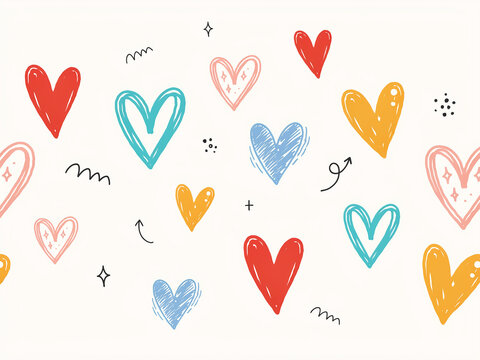 Seamless pattern of colorful hand-drawn hearts and doodles