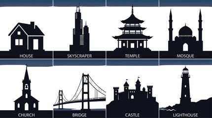 Naklejka premium Silhouettes of Iconic Global Buildings and Structures Including House, Skyscraper, Temple, Mosque, Church, Bridge, Castle, Lighthouse