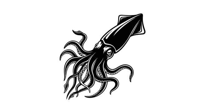Stylized black and white squid illustration with dynamic tentacles.