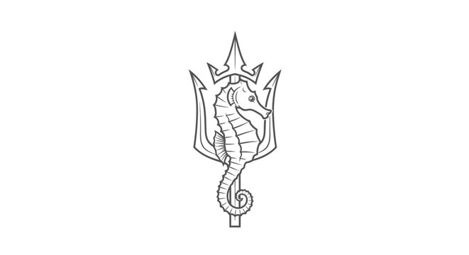 Seahorse shield emblem with trident spear logo.