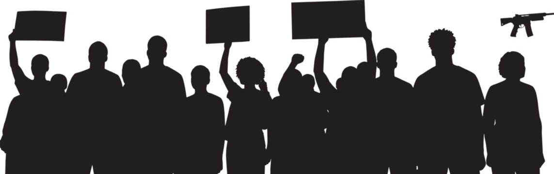 Silhouette of a diverse group of people protesting with signs and a rifle vector art