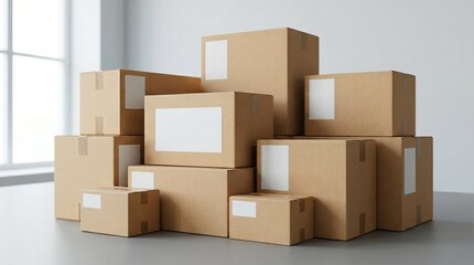 Fototapeta premium Minimalist Kraft Cardboard Box Mockup on Travertine Stone with Dried Plant Leaves