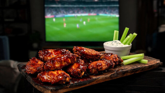 A chicken wings on the table with a soccer match on TV