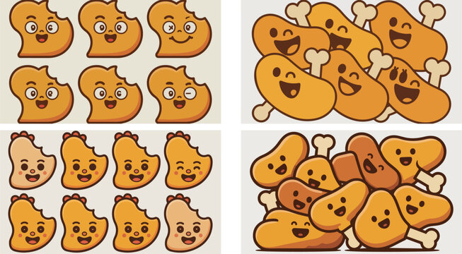 Collection of cartoon chicken drumsticks with various happy and smiling faces