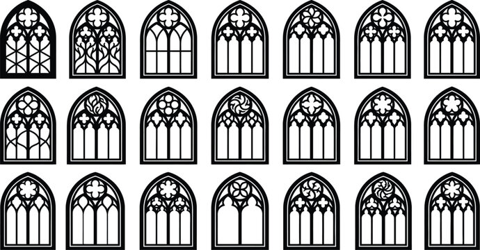 Set of gothic arched window silhouettes with ornate tracer, black and white 20 vector icons, white background.