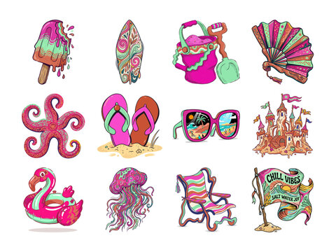 surreal beach art featuring vibrant colors and whimsical dreamlike seaside icons or surreal beach illustration with bold palette and playful oceanic motifs
