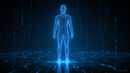 Fototapeta premium A futuristic digital representation of a human figure immersed in a data stream, symbolizing advanced technology and innovation.