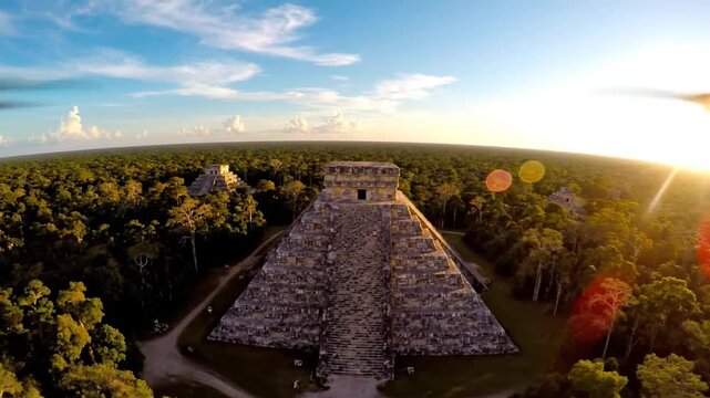 Aerial View of Chichen Itza Pyramid and Surrounding Jungle at Golden Hour with Sunlight