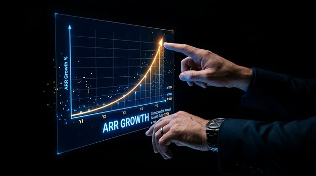 Businessman analyzing ARR growth chart on futuristic digital display.