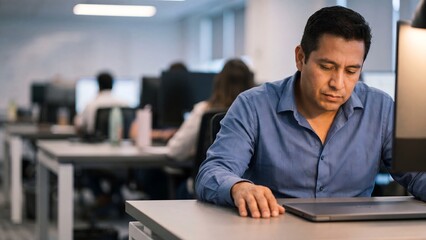 Obraz premium Businessman working at office desk computer focused employee open plan workplace corporate environment photo