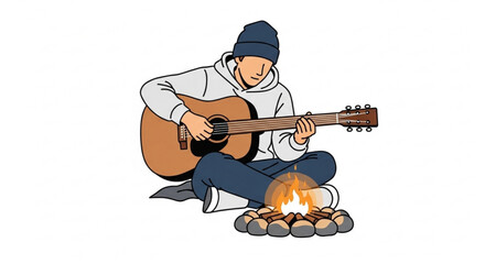 Fototapeta premium Young Man Playing Acoustic Guitar Near Campfire Vector Illustration 