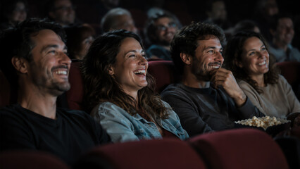 Fototapeta premium A group of friends enjoying a comedy film at the movies, showcasing laughter and camaraderie in a vibrant cinema atmosphere.