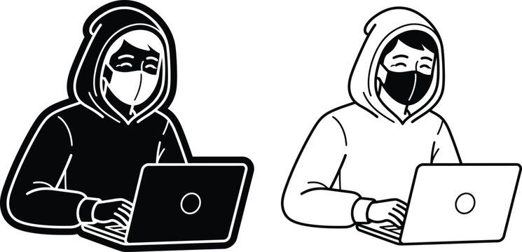 Hacker at laptop computer wearing hoodie and face mask with computer security technology anonymous internet phishing silhouette software development