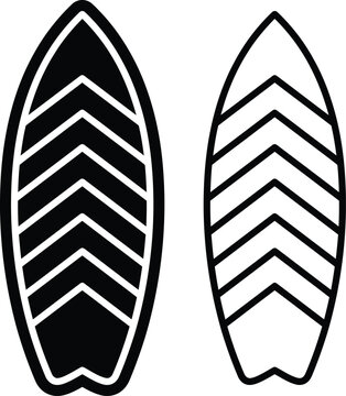 Surfboard chevron pattern icon set in solid black and outlined vector style with surfboard recreation minimalist vacation activity equipment