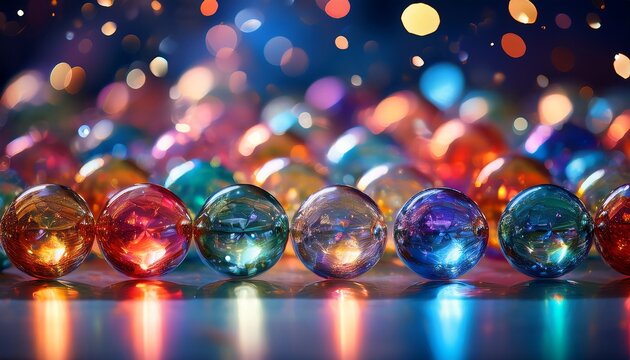 Vibrant Festive Scene Featuring Sparkling Multicolored Reflective Spheres With A Faceted Crystal Ornament Catching Warm Light Creating A Bright And Lively Atmosphere Filled With Color Shine And Boke