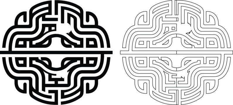 Abstract circular maze pattern icon in solid and line style with labyrinth abstract illustration geometry minimalist creative complexity