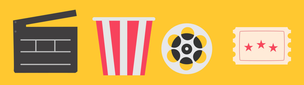 Movie clapper board, popcorn bucket, film reel and ticket on yellow