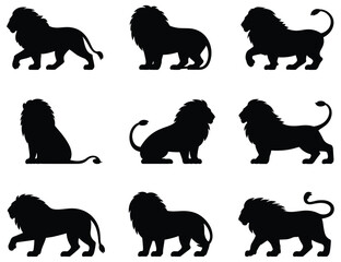 Obraz premium Nine Lion Silhouettes In Various Poses Black And White Silhouette