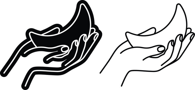 Hands holding a crescent moon icon set in solid and line art with crescent astronomy celestial illustration minimalist silhouette gestures protection