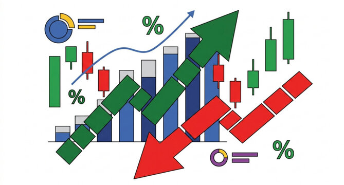 Financial Profit and Loss Graph with Green Up Arrow and Red Down Arrow Trading Market Vector Illustration