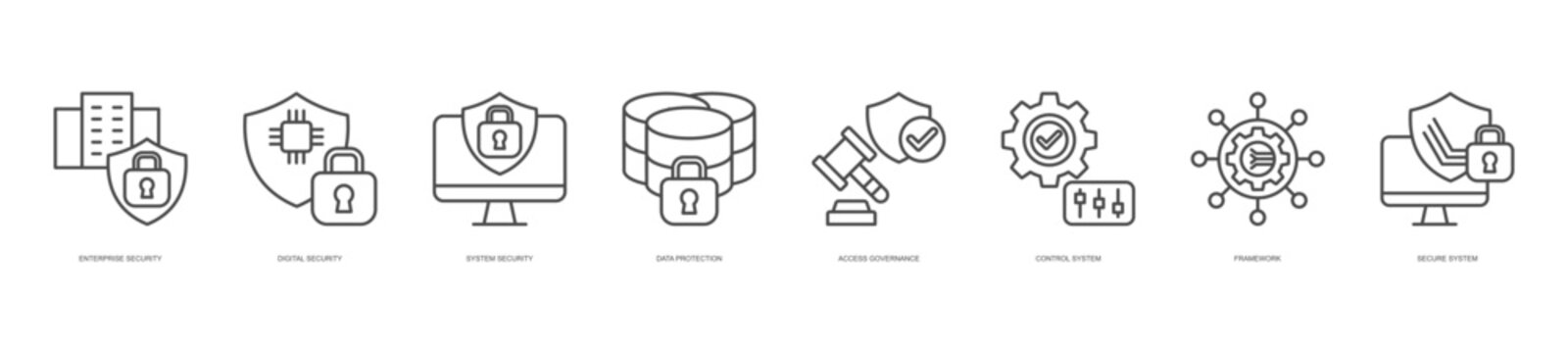 security governance and protection icon set collection in line style. icon set consist of enterprise security, digital security, system security, data protection, access governance, control system