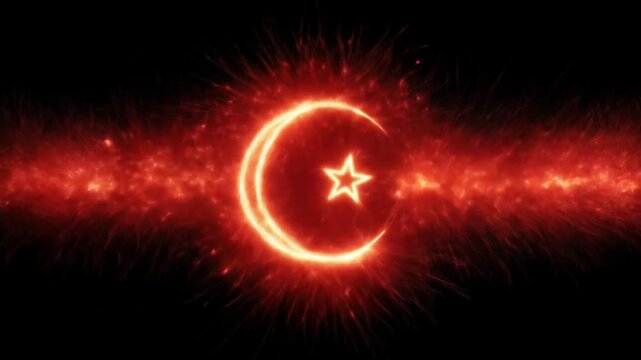 A glowing crescent moon and star, engulfed in fiery, radiant red bursts on a dark background