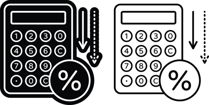 Calculator icon showing percentage and downward trend arrows with calculator percentage business decrease accounting economic calculation investment