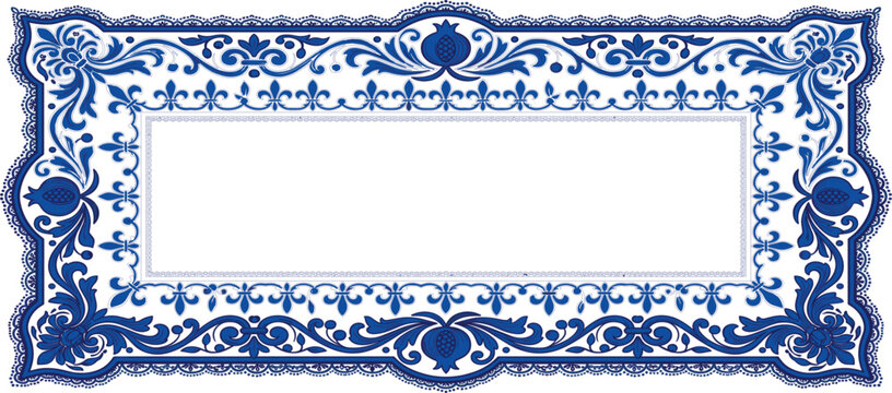 Traditional Blue Floral Decorative Frame with Ornamental Vintage Border Design, Elegant Ceramic Pattern, and Classic Decorative Rectangle Template
