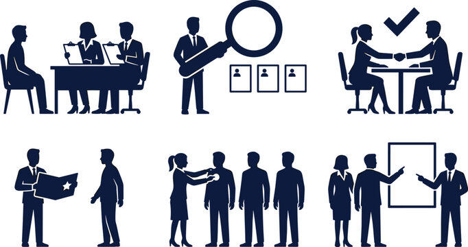Human Resources and Recruitment Process Icon Set with Job Interviews, Candidate Selection, Employee Evaluation, Team Hiring, and Business Meetings