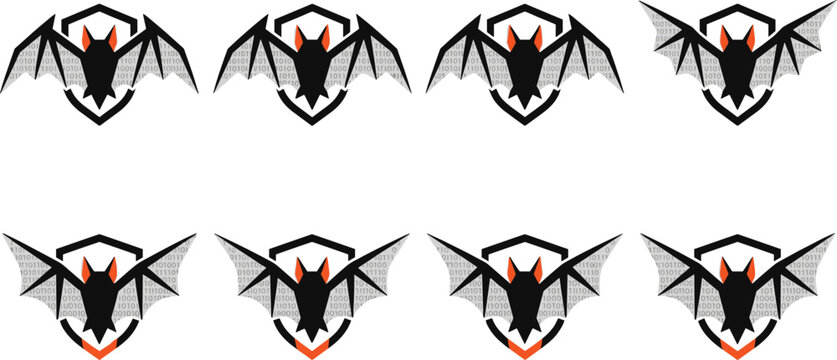 Cyber Security Bat Mascot Logo Set Featuring Shield Symbols with Binary Code Digital Matrix for Cyber Threat Defense and Antivirus Protection Graphics