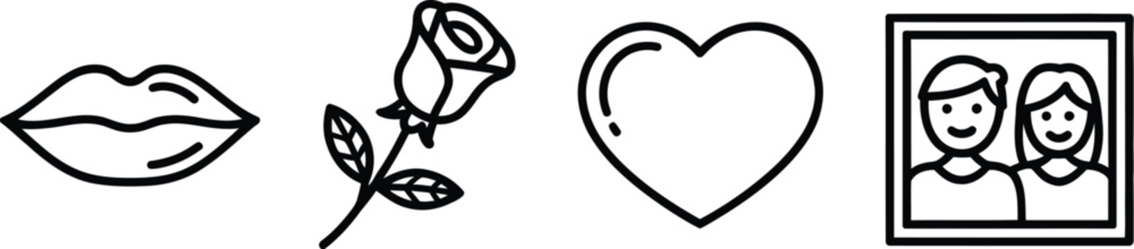 Romance and valentine line icon set featuring human lips kiss rose flower love heart shape and couple picture frame vector.