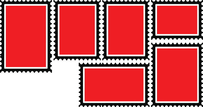Blank postage stamp collection set with red background and perforated edges template vector illustration for mail and delivery design.