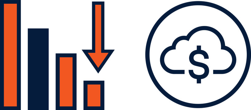 Decreasing Financial Bar Chart with Downward Arrow and Cloud Computing Dollar Cost Icon Set Representing Revenue Loss or Budget Reduction