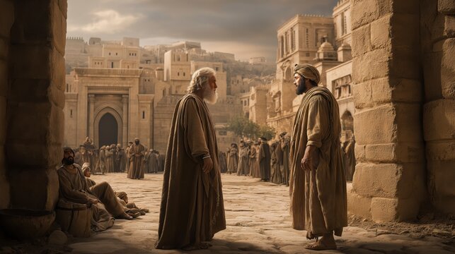 The prophet Elijah and King Ahab stand facing one another before the palace, contrasting God&rsquo;s uncompromising truth with earthly authority and the choices that shape a nation&rsquo;s future.
