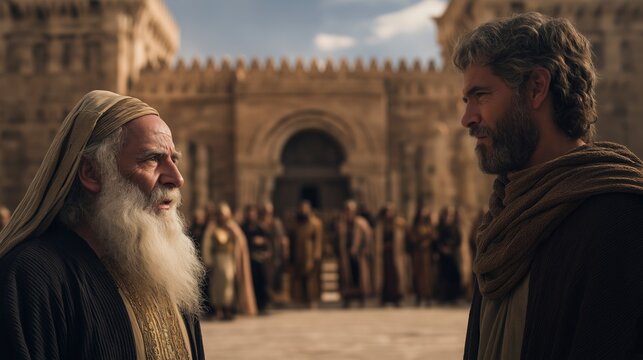 The prophet Elijah and King Ahab stand facing one another before the palace, contrasting God&rsquo;s uncompromising truth with earthly authority and the choices that shape a nation&rsquo;s future.
