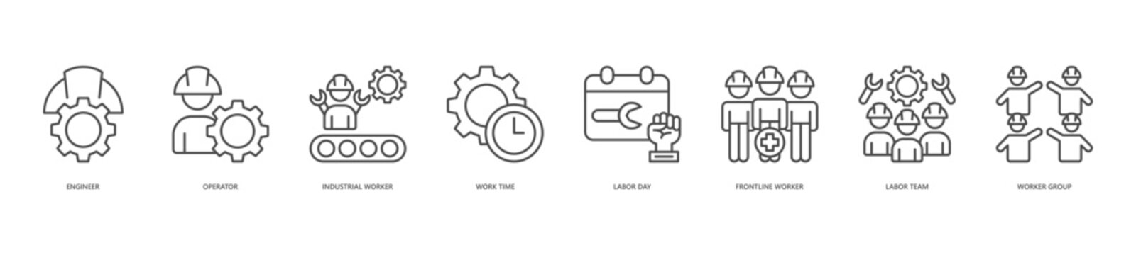 workforce operations icon set collection in line style. icon set consist of engineer, operator, industrial worker, work time, labor day, frontline worker, labor team, worker group