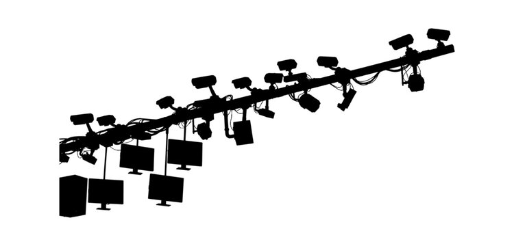 Silhouette of a long metal pole with multiple surveillance cameras and computer monitors attached, representing modern security and surveillance systems vector art