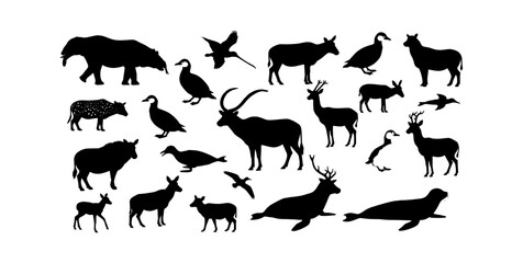 Obraz premium Collection of various wild animal silhouettes including deer, birds, and marine mammals vector art
