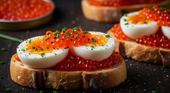 Delicious openfaced sandwiches with red caviar and boiled eggs