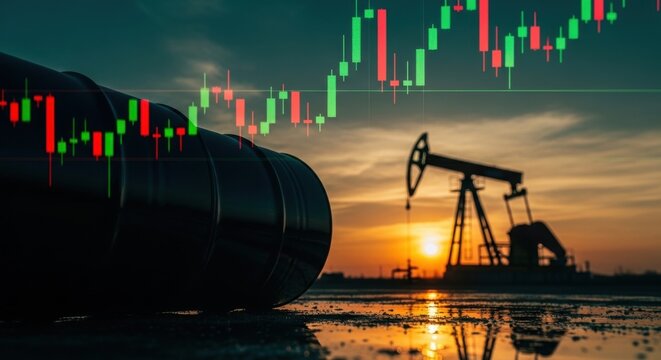 Oil price stock market chart with crude oil barrels and pump jack at sunset, petroleum industry financial data analysis, energy commodity trading concept
