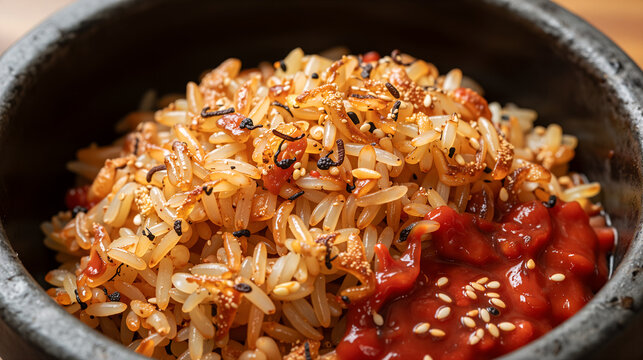 Korean bibimbap in sizzling stone bowl with crispy rice close up