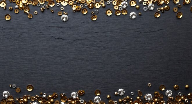 Gold and silver sequins and rhinestones on a black slate background